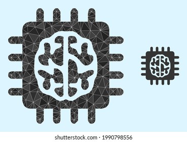 Icono de chip cerebral de popa baja en un fondo azul claro. El vector de chip cerebral poligonal se llena a partir de triángulos aleatorizados. Ilustración de ícono poligonal del chip cerebral triangulado.
