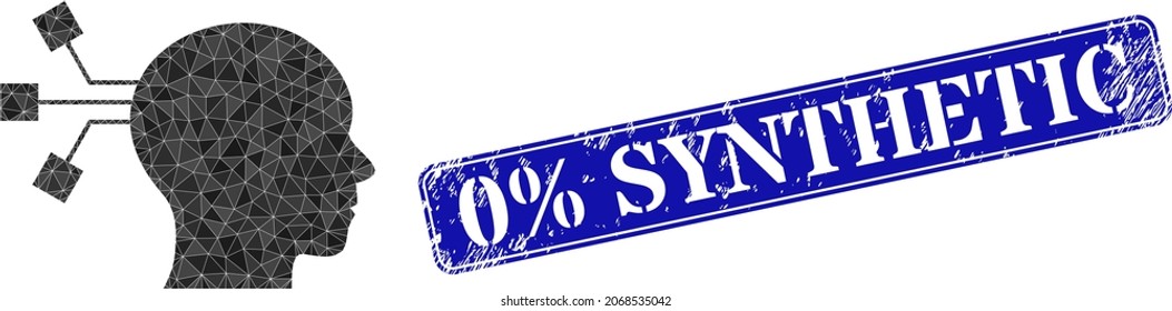 Low-poly brain connection combined with random filled triangles, and grunge 0 discount Synthetic watermark. Blue rounded framed rectangle stamp contains 0 discount Synthetic title inside framed