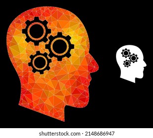 Low-poly brain gears icon with orange vibrant gradient. Triangulated fire vibrant brain gears polygonal 2d illustration. Polygonal brain gears vector is combined with randomized vibrant triangles.