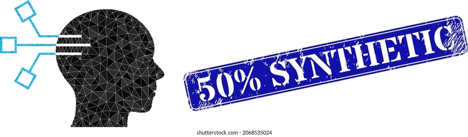 Low-poly brain link constructed with random filled triangles, and grunge 50 discount Synthetic stamp. Blue rounded framed rectangular stamp seal includes 50 discount Synthetic title inside framed