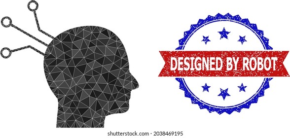 Lowpoly brain link polygonal icon illustration, and grunge bicolor rosette stamp imprint, in red and blue colors. Mosaic brain link formed with randomized colored triangles.