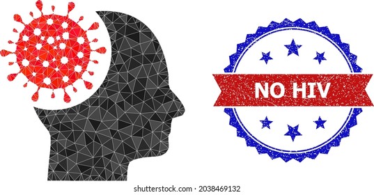 Low-poly brain virus polygonal 2d illustration, and grunge bicolor rosette seal stamp, in red and blue colors. Collage brain virus designed of chaotic color triangles.