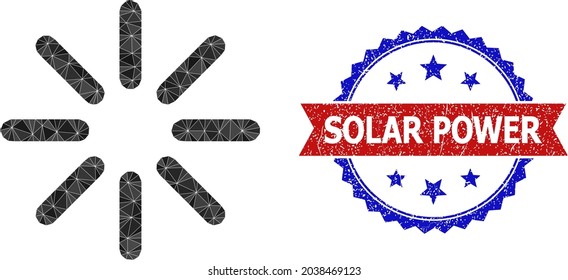 Lowpoly brightness polygonal 2d illustration, and grunge bicolor rosette seal, in red and blue colors. Mosaic brightness designed from randomized filled triangles.