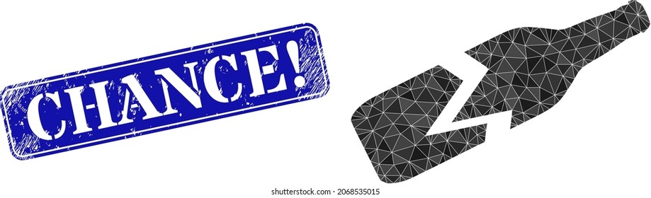 Low-poly broken beer bottle designed with random filled triangles, and grunge Chance seal stamp. Blue rounded framed rectangle stamp seal contains Chance tag inside framed rectangle shape.
