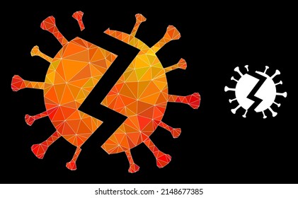 Low-poly broken virus icon with fire colorful gradient. Triangulated fire vibrant broken virus polygonal icon illustration. Polygonal broken virus vector constructed from scattered vibrant triangles.