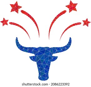 Low-poly bull fireworks icon illustration is designed from scattered filled triangles. Triangulated bull fireworks polygonal 2d vector illustration. Bull Fireworks icon is filled with triangles.