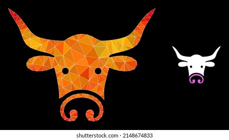 lowpoly bull head icon with fire colored gradient. Triangulated flame colored bull head polygonal 2d illustration. Polygonal bull head vector designed with random bright triangles.