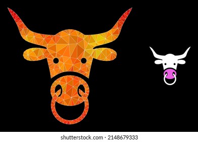 Low-poly bull head icon with orange vibrant gradient. Triangulated flame colored bull head polygonal icon illustration. Polygonal bull head vector is filled with randomized colorful triangles.