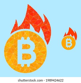 Low-poly burn bitcoin icon on a light blue background. Polygonal burn bitcoin vector constructed from randomized triangles. Triangulated burn bitcoin polygonal icon illustration.