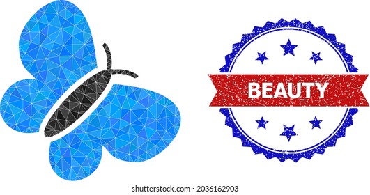 Low-poly butterfly polygonal symbol illustration, and grunge bicolor rosette seal stamp, in red and blue colors. Mosaic butterfly is formed of random colored triangles.