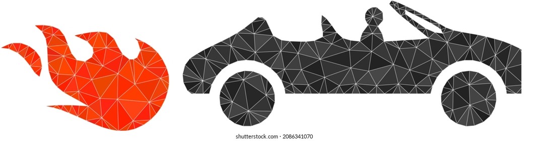 Ilustración de icono de poda baja de cabriolet se construye con triángulos rellenos aleatoriamente. Ilustración vectorial 2d poligonal de racha de triángulo de cabriolet. El icono de Cabriolet Rush está lleno de triángulos.