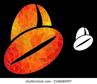 Low-poly cacao beans icon with fire vibrant gradient. Triangulated orange vibrant cacao beans polygonal 2d illustration. Polygonal cacao beans vector is designed with scattered colored triangles.