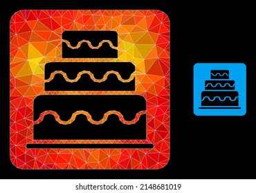 lowpoly cake icon with orange colored gradient. Triangulated flame colored cake polygonal symbol illustration. Polygonal cake vector is designed from randomized colorful triangles.