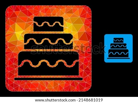 lowpoly cake icon with orange colored gradient. Triangulated flame colored cake polygonal symbol illustration. Polygonal cake vector is designed from randomized colorful triangles.