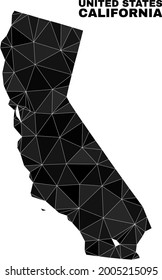 Mapa del estado de California de bajo polígono. Mapa del vector del estado de California, construido con triángulos caóticos. Extracción poligonal del mapa triangular del estado de California para afiches patrióticos.