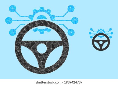 Low-poly car autopilot scheme icon on a sky blue background. Polygonal car autopilot scheme vector is constructed with randomized triangles.