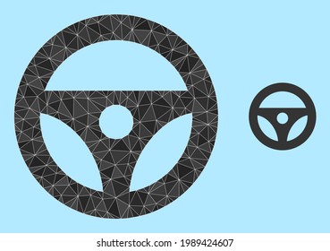 Low-poly car steering wheel icon on a sky blue background. Polygonal car steering wheel vector is designed with random triangles. Triangulated car steering wheel polygonal icon illustration.