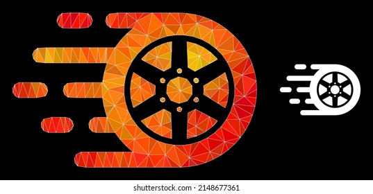 lowpoly car wheel icon with flame vibrant gradient. Triangulated flame vibrant car wheel polygonal icon illustration. Polygonal car wheel vector filled with chaotic bright triangles.