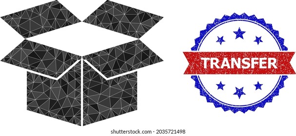 Low-poly carton box polygonal icon illustration, and grunge bicolor rosette seal stamp, in red and blue colors. Mosaic carton box is created of randomized filled triangles.