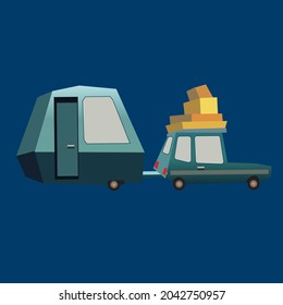 Low-poly cartoon car with caravan, vector illustration. Isolated on blue background