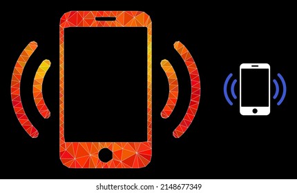 Icono de vibración de teléfono celular bajo con gradiente vibrante de fuego. Ilustración 2d polígonal vibrante de vibración de celulares triangulados.