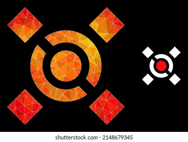 icono de enlace central bajo con gradiente vibrante anaranjado. Ilustración 2d de enlace central vibrante con el fuego triangulado. Vector de enlace central poligonal lleno de triángulos vibrantes dispersos.