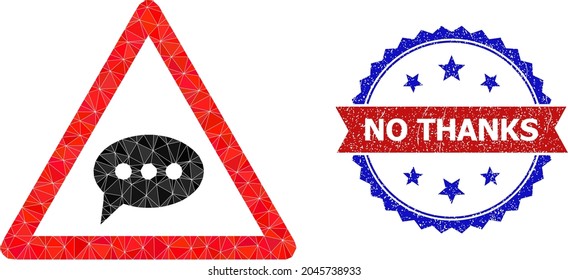 Low-poly chat message danger polygonal icon illustration, and grunge bicolor rosette stamp imprint, in red and blue colors. Mosaic chat message danger composed with random color triangles.