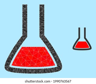 Low-Poly-Chemikalienkolben-Symbol auf hellblauem Hintergrund. Der polygonale chemische Kolben-Vektor wird aus randomisierten Dreiecken kombiniert. Triangulierte chemische Kolben, polygonale Icon-Illustration.