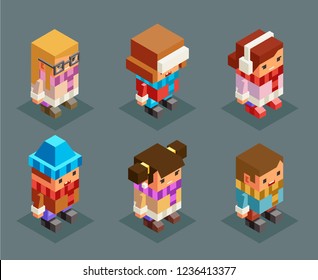 Lowpoly children winter clothes isometric boys girls christmas kids characters set new year 3d flat cartoon design vector illustration