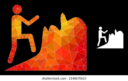 Low-poly climbing person icon with fire vibrant gradient. Triangulated flame vibrant climbing person polygonal 2d illustration. Polygonal climbing person vector filled from random bright triangles.