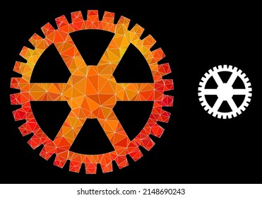 Icono de la rueda de la dirección del reloj de baja polilla con gradiente vibrante naranja. Ilustración de icono poligonal del volante de reloj de color naranja triangulado.