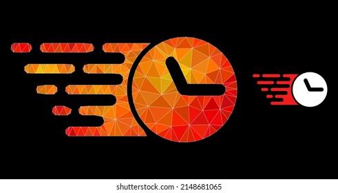 lowpoly clock icon with orange colorful gradient. Triangulated orange vibrant clock polygonal symbol illustration. Polygonal clock vector filled with scattered vibrant triangles.
