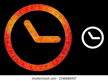 lowpoly clock icon with orange colorful gradient. Triangulated orange colorful clock polygonal icon illustration. Polygonal clock vector is designed from chaotic colorful triangles.