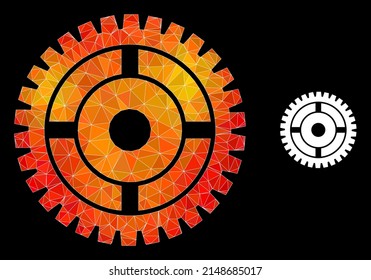lowpoly clock wheel icon with fire colorful gradient. Triangulated flame colorful clock wheel polygonal icon illustration. Polygonal clock wheel vector combined with scattered colorful triangles.