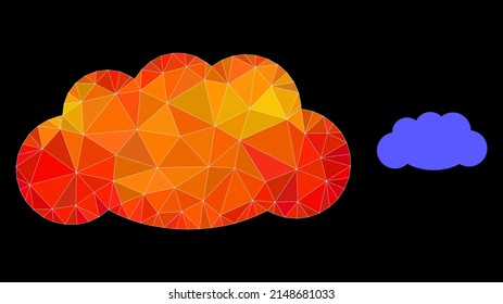 lowpoly cloud icon with orange colored gradient. Triangulated flame colored cloud polygonal 2d illustration. Polygonal cloud vector combined from chaotic vibrant triangles.