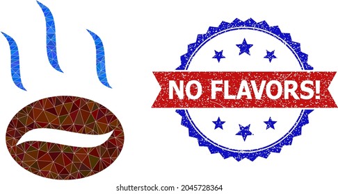 Lowpoly coffee aroma polygonal symbol illustration, and grunge bicolor rosette seal, in red and blue colors. Mosaic coffee aroma designed from random filled triangles.