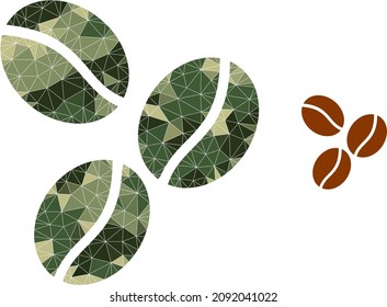 Das Low-Poly-Kaffeebohnen-Icon ist aus verstreuten Tarnfarben-Dreieck-Teilen konzipiert. Vectorkaffee Bohnen Ikone entworfen im Tarnstil der Armee.