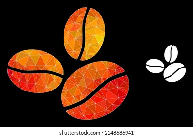 lowpoly coffee beans icon with flame vibrant gradient. Triangulated flame vibrant coffee beans polygonal 2d illustration. Polygonal coffee beans vector is filled with randomized colorful triangles.