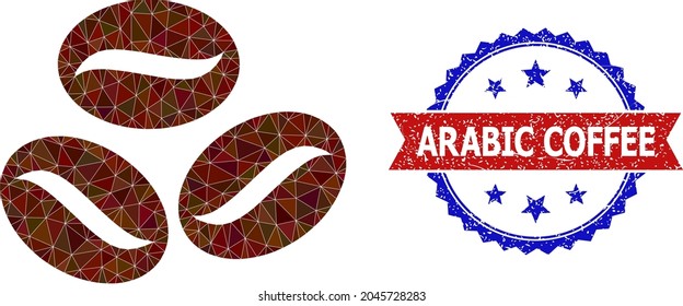 Low-poly coffee grains polygonal 2d illustration, and grunge bicolor rosette stamp, in red and blue colors. Collage coffee grains designed from randomized color triangles.