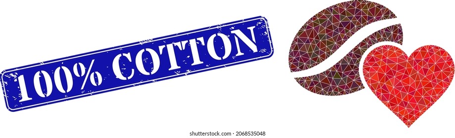 Low-poly coffee love combined with scattered filled triangles, and grunge 100 discount Cotton seal stamp. Blue rounded framed rectangle stamp contains 100 discount Cotton caption inside framed