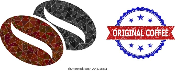 Lowpoly coffee seeds polygonal 2d illustration, and grunge bicolor rosette seal stamp, in red and blue colors. Mosaic coffee seeds composed with chaotic color triangles.