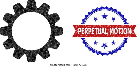 Lowpoly cog polygonal 2d illustration, and grunge bicolor rosette stamp, in red and blue colors. Collage cog is formed from randomized color triangles. Rosette stamp seal uses red and blue colors.