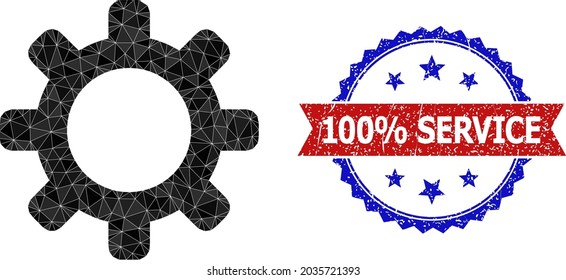 Ilustración 2d poligonal de bajo polígono y placa de rosette bicolor gris, en colores rojo y azul. Cog mosaico compuesto por triángulos caóticos llenos. La impresión de rosette utiliza colores rojo y azul.