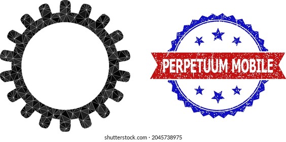 Ilustración 2d poligonal de bajo polígono y sello de sellado rosette bicolor de grano, en colores rojo y azul. Cog de mosaico creado con triángulos de colores aleatorios.