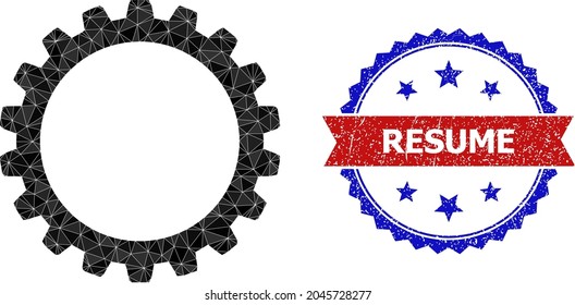 Low-Poly-cogWheel-2-D-Illustration und Grunge-Bicolor-Rosette-Stempel in Rot und Blau. Collage Cograd besteht aus chaotischen Farbdreiecken.