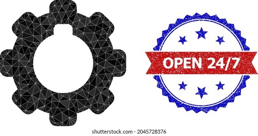 Low-poly cogwheel polygonal icon illustration, and grunge bicolor rosette stamp, in red and blue colors. Mosaic cogwheel formed of randomized colored triangles.
