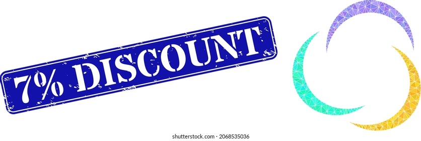 Low-Poly-Kollaboration mit chaotischen gefüllten Dreiecken und Grunge 7 Discount-Siegel Stempel. Blauer gerundeter Rechteck-Stempel enthält 7 Rabatttitel innerhalb des gerahmten Rahmens