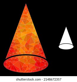 lowpoly cone figure icon with orange colored gradient. Triangulated orange colorful cone figure polygonal symbol illustration. Polygonal cone figure vector designed with random colorful triangles.
