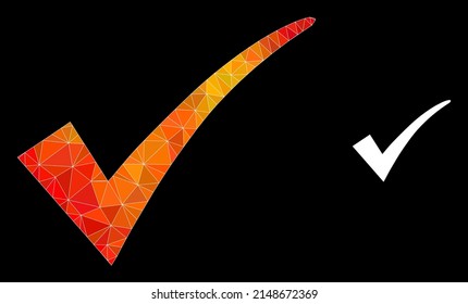 Low-Poly-Besteck-Symbol mit feuerfloralem Farbverlauf. Triangulierte Flamme lebendig bestätigen Tick polygonal Symbol Illustration. Der polygonale Eichenkreuz-Vektorgrafik wurde mit chaotischen, dynamischen Dreiecken entwickelt.