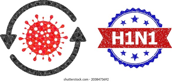 El coronavirus flojo actualiza la ilustración de un símbolo poligonal y el sello rosette bicolor grunge, en colores rojo y azul. Actualización del coronavirus collage creada con triángulos caóticos rellenos.